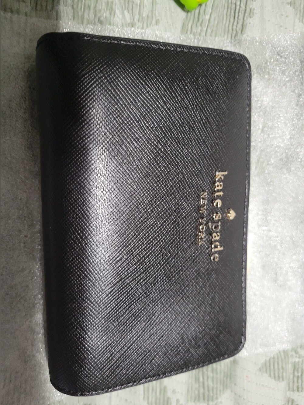 kate spade Black Saffiano Leather Compact Wallet with Gold Logo